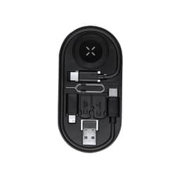A compact charging cable organiser featuring multiple connectors in black, with a logo on the surface.