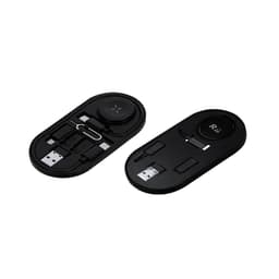 A black charging cable set featuring USB connectors and a wireless charging pad, neatly organised in an oval case.
