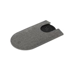 A grey charging pad encased in a sleek, fabric-like sleeve, featuring a circular shape. It has a logo on the sleeve.