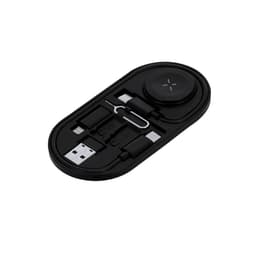 A black charging kit featuring a USB cable, various connectors, and a portable charging pad, all in an oval holder.