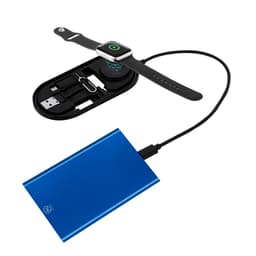 A blue portable charger with a wireless charging pad and a black smartwatch positioned on it, featuring a USB cable.