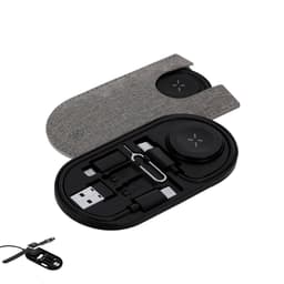 A charging cable set in a black case with a grey fabric cover, including various connectors and a USB port.