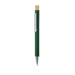 A green metal pen with a bamboo accent and a silver clip. It features a sleek, modern design and has a branding logo.