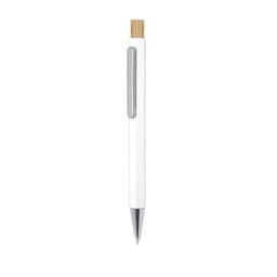 A white metal pen with a bamboo accent and silver clip, featuring a logo on the barrel.