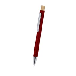 A red metal pen with a wooden accents and a silver clip, featuring a logo on its surface.