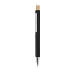 A black metal pen with a bamboo top and a silver clip. Features a sleek and modern design.