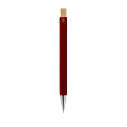 A metal pen in a deep red colour with a wooden top and a shiny silver tip, featuring a logo.