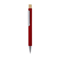 A red metal pen with a bamboo top and a silver clip, featuring a logo on the body.