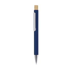 A metal pen in navy blue with a bamboo top and a silver clip. Features a logo on the body.