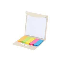 A notepad with a cream cover and colourful sticky note tabs in pink, blue, green, yellow, and orange.