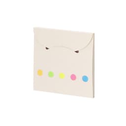 A notepad in a white envelope with five colourful dot accents in pink, blue, green, and yellow.