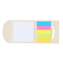 A notepad with a white square pad and four sticky note pads in blue, pink, yellow, and green, housed in a cream folder.