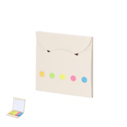 A beige folded notebook with a closure and four colourful sticky notes in pink, yellow, green, and blue.