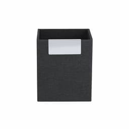 A rectangular storage box in dark grey fabric with a silver handle. Perfect for organising office supplies.