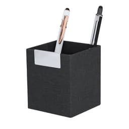 A pencil case in black fabric featuring a white pen with a rose gold clip and a black pen. It has a metallic nameplate.