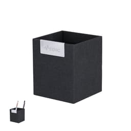 A black fabric storage box featuring a label area, designed for organisation and office use. It includes a logo.