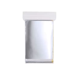 A Mithak Blanket in a clear plastic packaging, featuring a shiny silver surface. The package has a resealable top.