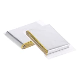 Two Mithak Blankets in silver with gold trim, packaged in transparent covers. The blankets are folded neatly.