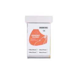 A packaged emergency blanket in silver and orange, featuring a logo and various size options on the packaging.