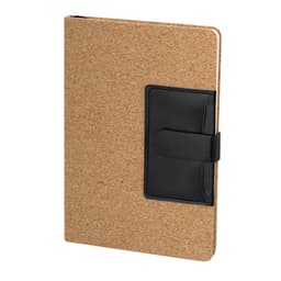 A cork-covered notebook with a black elastic closure, featuring a black pocket on the front.
