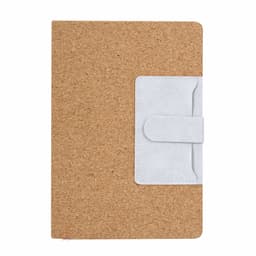 A cork-covered notebook with a white strap closure and a simple design. It features a logo on the cover.