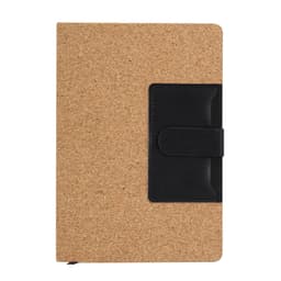 A cork-covered notebook with a black leatherette strap. It features a simple, stylish design with a branding logo.