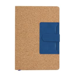A cork-covered notebook with a blue closure. The design features a simple, sleek appearance with a branding logo.