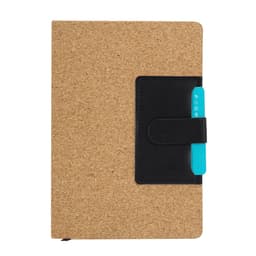 A cork-covered notebook with a black elastic band and a turquoise pen holder, featuring a branded logo.