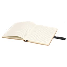 An open Rosiuk notebook featuring lined pages and a black ribbon bookmark, with a plain cover.