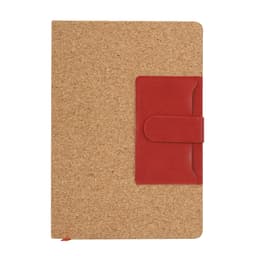 A cork-covered notebook in natural brown with a red leatherette closure. Features a simple design and a branding logo.