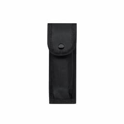 A black fabric pouch with a snap closure and textured surface, featuring a logo.