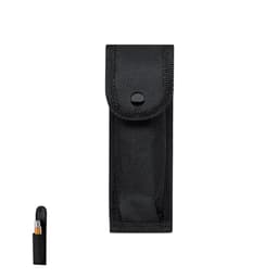 A black fabric pouch with a flap closure and a button, designed for carrying small items. It includes a logo.