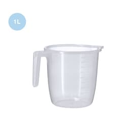 A clear plastic measuring jug with a 1 litre capacity and a handle, featuring measurement markings on the side.