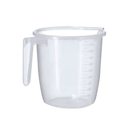 A clear plastic measuring jug with a handle, featuring measurement markings on the side.
