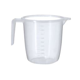 A clear plastic measuring jug with a handle and measurement markings on the side.