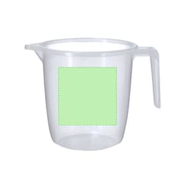 A clear plastic measuring jug with a handle, featuring a blank green square area on its side.