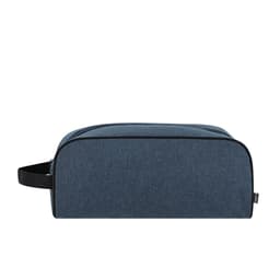 A rectangular blue bag with a handle, featuring a zip closure and a simple design. It has a branding logo.