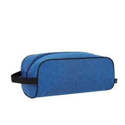 A blue miscellaneous bag with a black zipper and handle, featuring a simple design. It has a logo on the side.