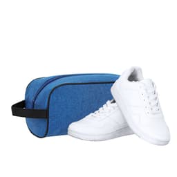 A blue toiletry bag with a black zipper, accompanied by white sneakers. The bag features a logo.