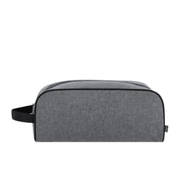 A grey bag with a sleek design and a handle on one side. It features a zip closure and branding.