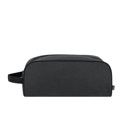 A black toiletry bag with a sleek design and a side handle, featuring a zipper closure and branding detail.