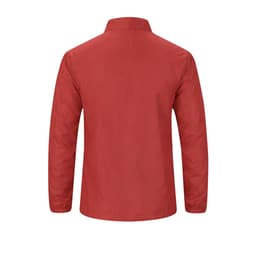 A red rain jacket with a simple design, featuring long sleeves and a collar. It also has a logo.
