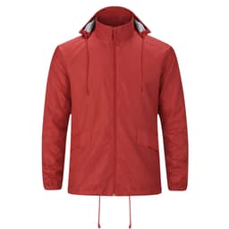 A red rain jacket featuring a hood, drawstring, and two side pockets, with a simple logo on the chest.