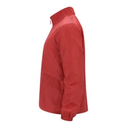 A red rain jacket with a collar and elastic cuffs, featuring a side view and a visible logo.
