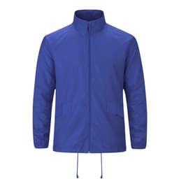 A blue rain jacket with a front zipper, adjustable hem, and side pockets. It features a logo on the chest area.