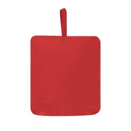 A red rain jacket featuring a hanging loop and a simple design, with a logo on the fabric.