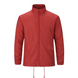 A red rain jacket with a high collar, front zip, and adjustable drawstring at the hem. It features a logo.