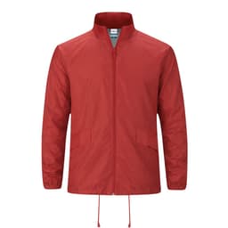 A red rain jacket featuring a zip closure, front pockets, and a drawstring hem. It includes branding on the label.