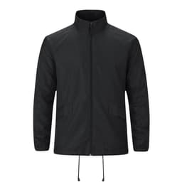 A black rain jacket with a zip front and drawstring hem, featuring side pockets and a collar. It has a logo.