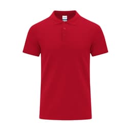 A red polo shirt with a collar and three buttons at the front. It features a branding label inside the neck.